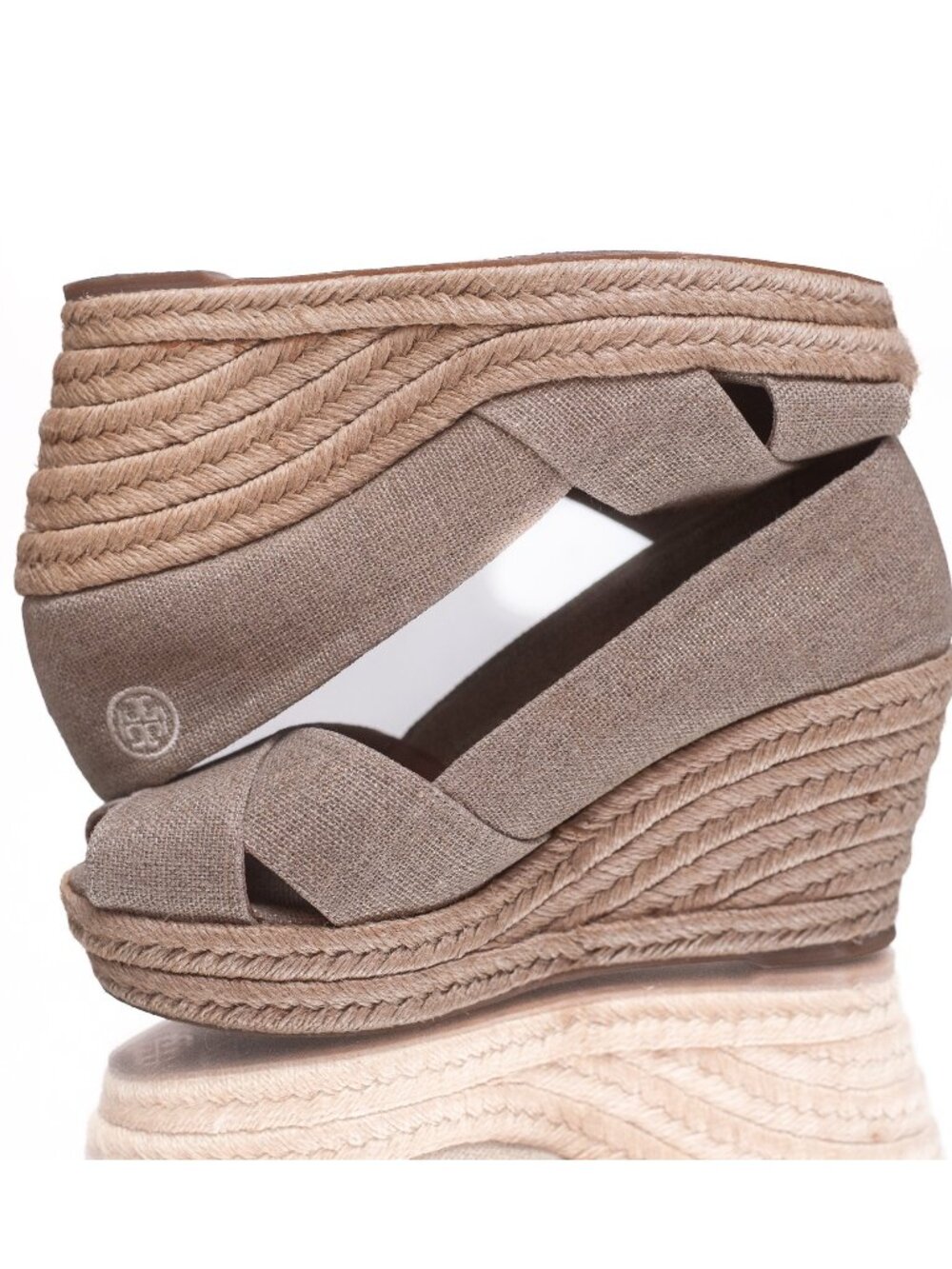Tory Burch Women 7.5 Filipa Peep Toe Wedge Espadrille Heels Beige Tan Luxury